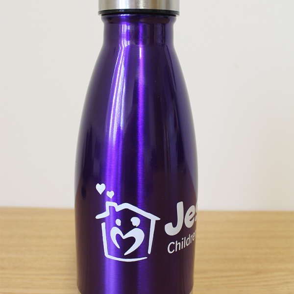 Purple stainless steel water bottle with white house logo