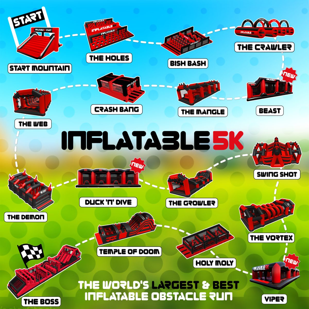 Graphic showing the different obstacles and the route of the 2022 Bristol Inflatable 5k