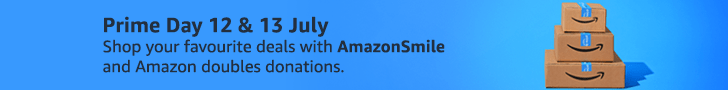 Blue banner with stack of Amazon boxes reading: Prime Day 12 & 13 July. Shop your favourite deals with AmazonSmile and Amazon double donations.