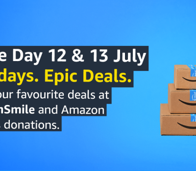 Blue image with Amazon boxes stacked in a pile and text reading: 'Prime Day 12 & 13 July. Two days. Epic Deals. Shop your favourite deals at AmazonSmile and Amazon doubles donations'